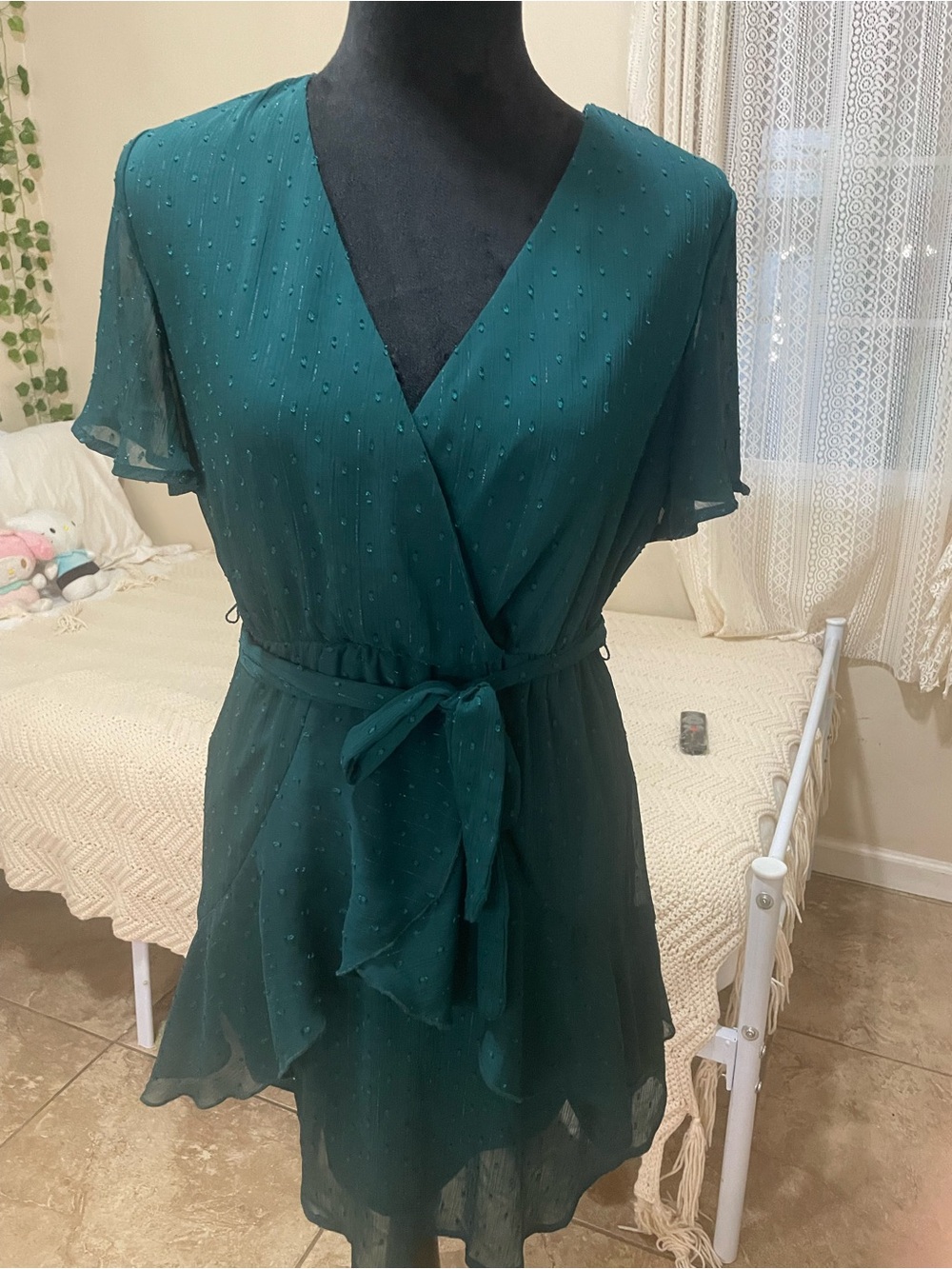 Women’s Teal Wrap-Front Mini Dress with Tie Waist